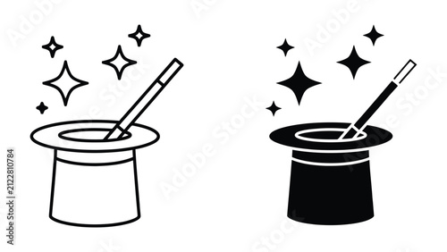 Photography Magic hat with wand icon set