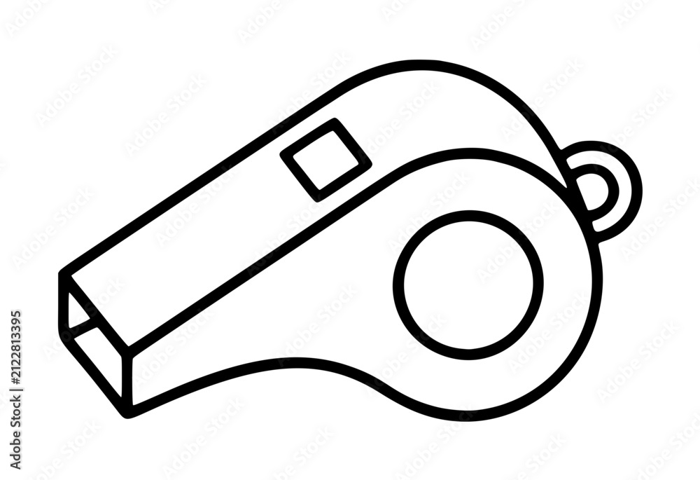 Fototapeta premium Hand-traced vector line illustration of a classic sports whistle, featuring a rounded chamber with a circular air hole, rectangular mouthpiece, and small lanyard ring loop, rendered in clean