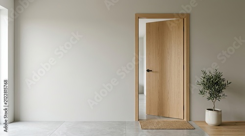A light-colored wooden door stands in a simple room. The door has a matte finish and a black handle.