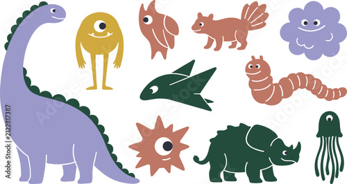 Cuadro en lienzo Cute Dinosaur and Whimsical Creature Character Set Featuring Brontosaurus, Trice