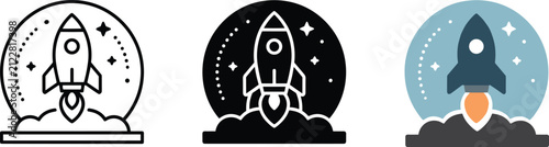 Set of rocket launch icons in line, solid and flat styles