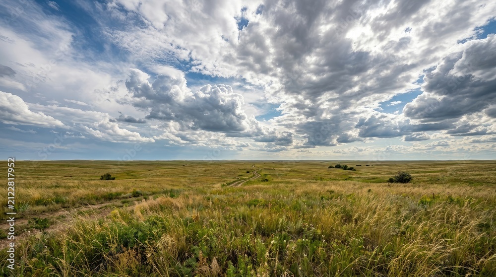 Fototapeta premium A wide, expansive landscape stretches out under a dramatic, cloudy sky. A dirt road winds through a field of tall, golden grasses and wildflowers.