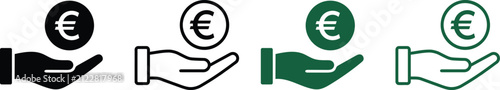 Set of hand holding euro coin icons in solid and line styles