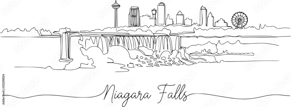 Fototapeta premium Niagara Falls Continuous Line Drawing with Waterfall and Skyline Vector Illustration