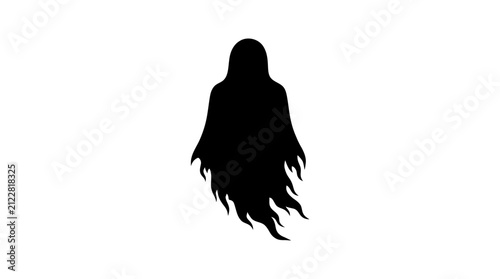Quadro su tela Halloween, Ghostly figure, shown as a black silhouette with a flowing, tattered lower body, hovers vertically against an unadorned white background