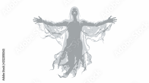 Fotografía Halloween, Abstract figure with arms outstretched and flowing drapery appears to ascend or float against a plain white background, symbolizing freedom or spiritual release