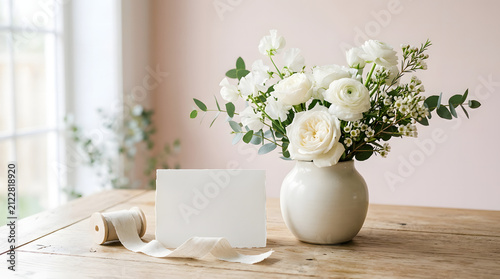 Premium high quality stock photo elegant white flowers in vase with blank card for wedding or sympathy