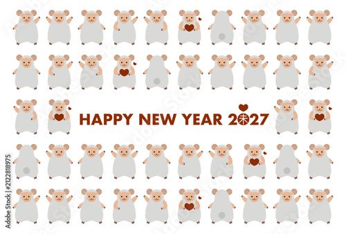 2027年未年の年賀状テンプレート 並んだかわいい羊模様