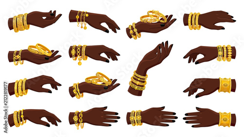 Collection of Dark Skin Hands Adorned with Gold Bracelets