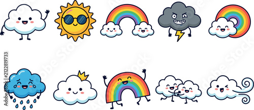 Fotografie Cute Weather Character Vector Clipart Set Featuring Happy Fluffy Clouds Sun with