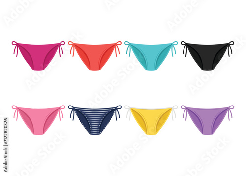 Colorful bikini bottoms in various hues and patterns on white