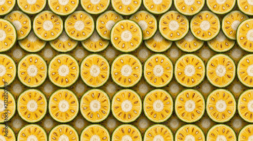 Jackfruit slices arranged beautifully, showcasing unique texture and vibrant colors, copy space

