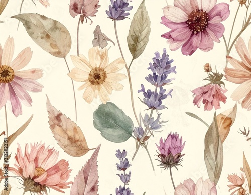 Seamless watercolor floral pattern with lavender and botanical flowers