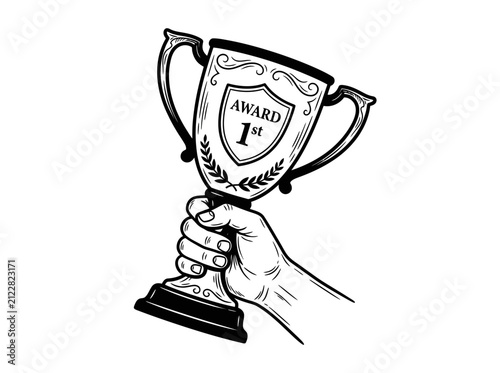 Quadro su tela Hand Holding First Place Trophy - Vector Illustration