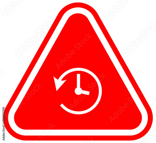 A red triangular warning sign featuring a clock icon with a counter-clockwise arrow represents the concept of time running out or the urgent need for a reset or past review.