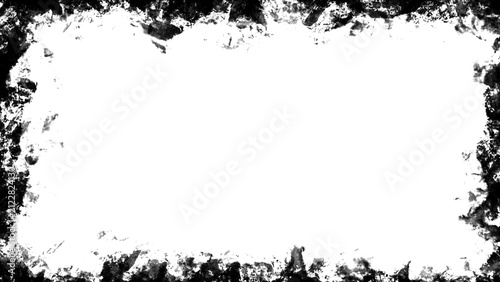 Black grunge splatter frame border overlay with transparent center