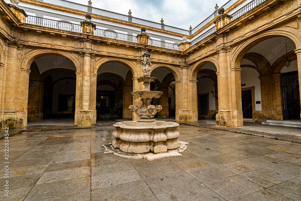 Fototapeta premium Step into centuries of history the sunlit baroque courtyard of Seville University, featuring an ornate stone fountain framed by classical arches and golden limestone colonnades. Perfect for.