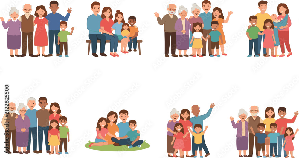 Fototapeta premium Happy diverse big family characters set including grandparents parents and children together flat design vector illustration
