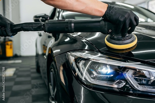 Professional auto detailer polishing black car hood with rotary buffer