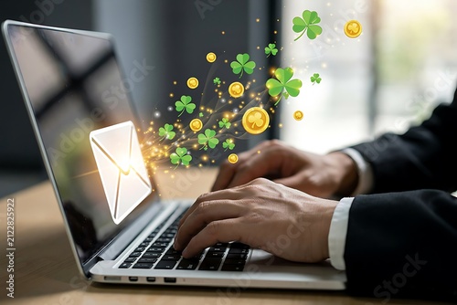 Laptop with email envelope sending lucky shamrocks and gold coins