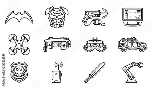 Futuristic superhero line icons vector collection with minimalist vigilante gadgets and tech armor symbols for interface