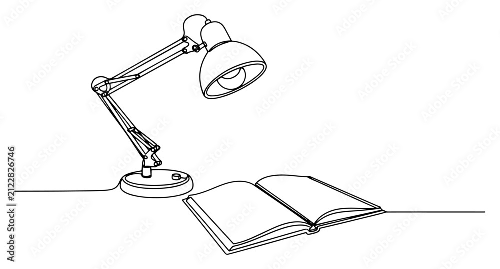 Obraz premium Desk lamp illuminating open book in continuous one line art style