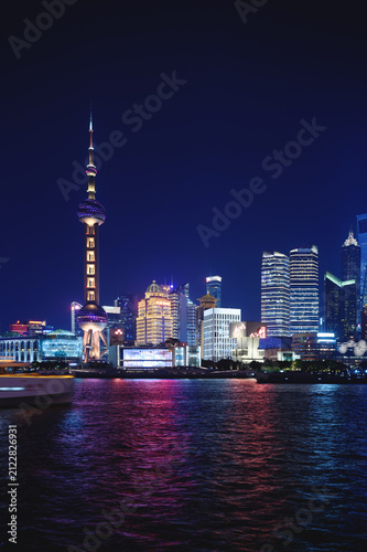 Photography Stunning Illuminated Shanghai Pudong Cityscape at Night with City Lights and Colorful Water Reflections