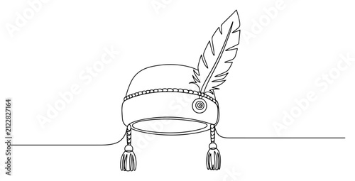 Fotografie Traditional folk hat with long feather and tassels in minimalist continuous line