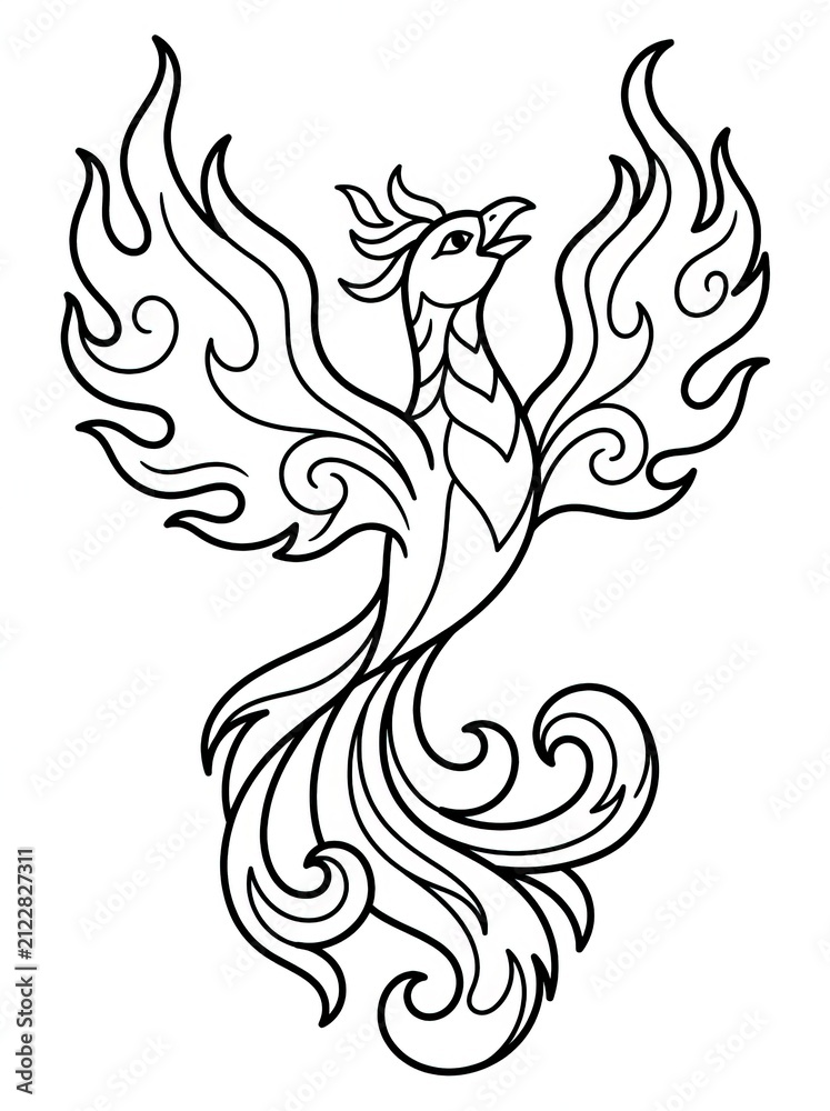 Fototapeta premium Elegant phoenix rising from flames in tribal tattoo style. Mythical firebird symbolizing rebirth and power in intricate line art design.