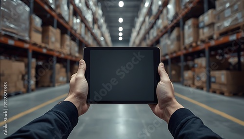 Blank Tablet Mockup in Warehouse with Inventory Storage and Logistics Distribution Center