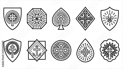 Set of 10 gothic heraldic shield crest icons collection on a white background