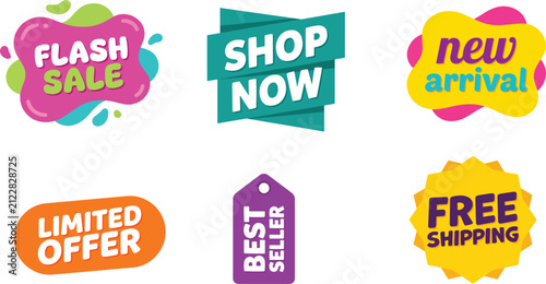 premium ecommerce marketing button collection featuring six unique promotional phrase designs isolated on white background