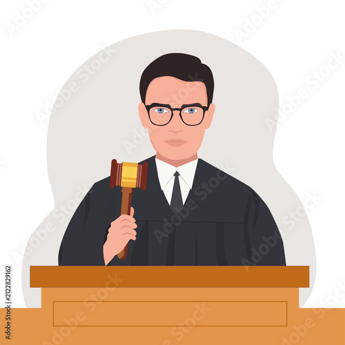 Flat vector illustration of a male judge wearing a black judicial robe and glasses, holding a wooden gavel while standing behind a courtroom bench. Professional legal authority concept isolated on a l