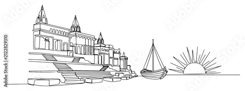 Indian temple on river bank with wooden boat and rising sun in single line drawing style