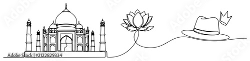 Taj Mahal monument with lotus flower and vacation sun hat in continuous line drawing style