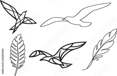 Minimal bird feather and bird outline vector icon collection