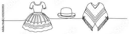 Canvastavla Traditional folkloric dress hat and poncho in continuous line art style