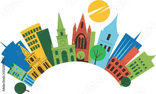 Colorful historic globe city skyline landmark architecture, round curved town panorama travel vector flat design illustration
