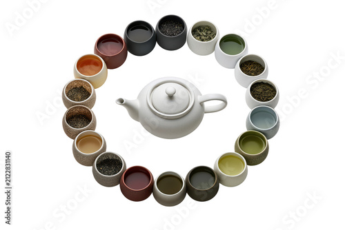 Contemporary white teapot surrounded by assorted tea varieties in colorful mugs for modern tea tasting