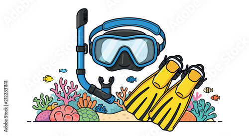Snorkel mask and fins icon vector illustration for underwater diving and tropical ocean exploration theme