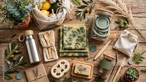 Zero waste lifestyle accessories and sustainable household items arranged on a rustic wooden background top view