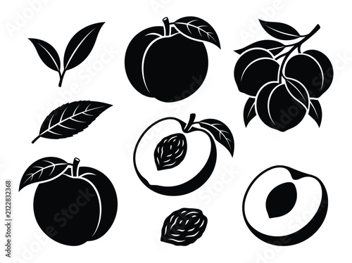 Black Silhouette Peaches Leaves and Pit fruit whole
