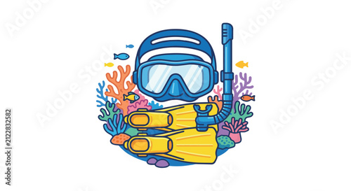 Snorkeling equipment icon vector illustration featuring mask, snorkel, and fins surrounded by coral and fish for underwater exploration and travel