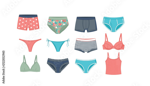 Cuadro en lienzo Men and women underwear vector set with colorful bras panties boxers briefs thon