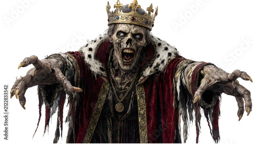 A terrifying zombie king with decayed face, regal crown, and tattered royal robes reaching out in eerie horror against a transparent background