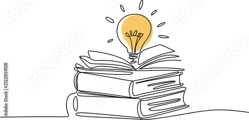 Creative book stack with glowing idea lightbulb continuous line art, education knowledge solution vector illustration sketch