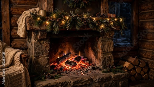 Cozy rustic stone fireplace decorated with festive christmas garland and warm glowing lights in a wooden cabin interior
