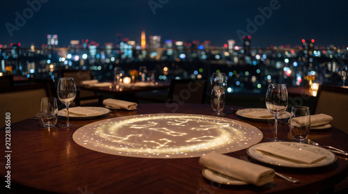 Romantic rooftop restaurant at night featuring an elegant interactive table glowing with soft golden starlight patterns. Blurred city skyline and beautiful bokeh lights.