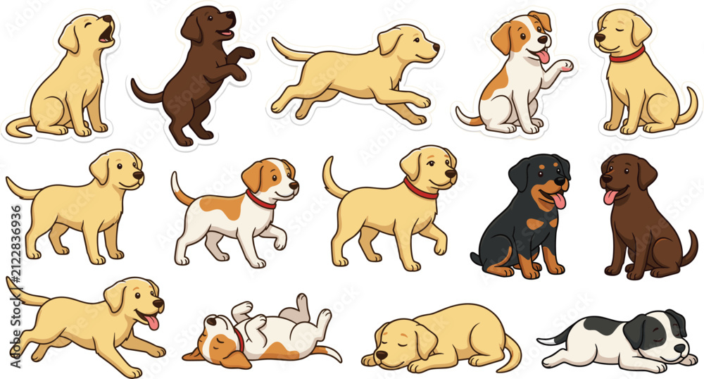 Obraz premium Cute Puppy Character Set with Cartoon Dogs in Action Poses Running, Sleeping, Barking, and Playing for Pet Store Layouts and Veterinary Graphic Designs
