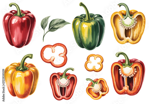 Watercolor Bell Pepper Collection with Red, Green, and Yellow Sweet Peppers Isolated on White Background